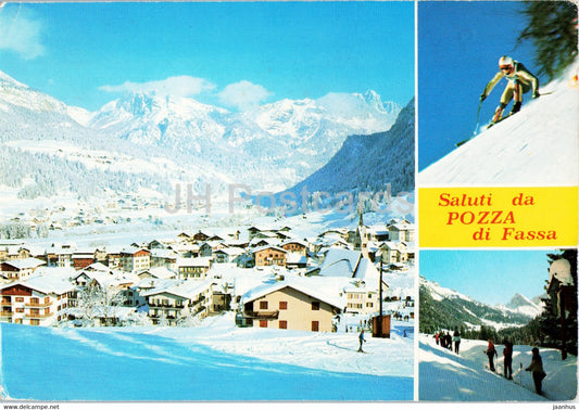 Saluti da Pozza di Fassa - alpine skiing - multiview - Italy - used - JH Postcards