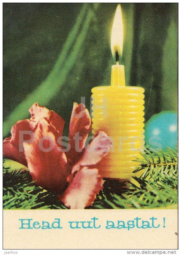 New Year Greeting card - 2 - candle - flowers - 1969 - Estonia USSR - used - JH Postcards