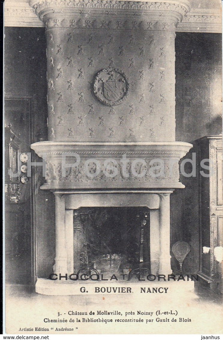 Chateau de Mollaville - pres Noizay - Cheminee de la Bibliotheque - Chocolat Lorrain - old postcard - France - unused