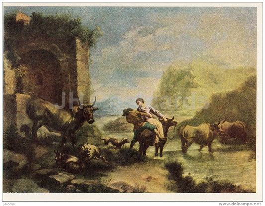 painting by Ignacio de Iriarte - Crossing Ford - bull - Spanish Art - 1963 - Russia USSR - unused - JH Postcards
