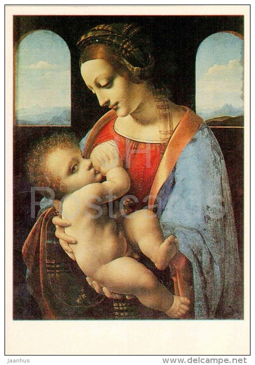 painting by Leonardo da Vinci - 1 - The Litta Madonna , 1470s - woman and child - italian art - used - JH Postcards
