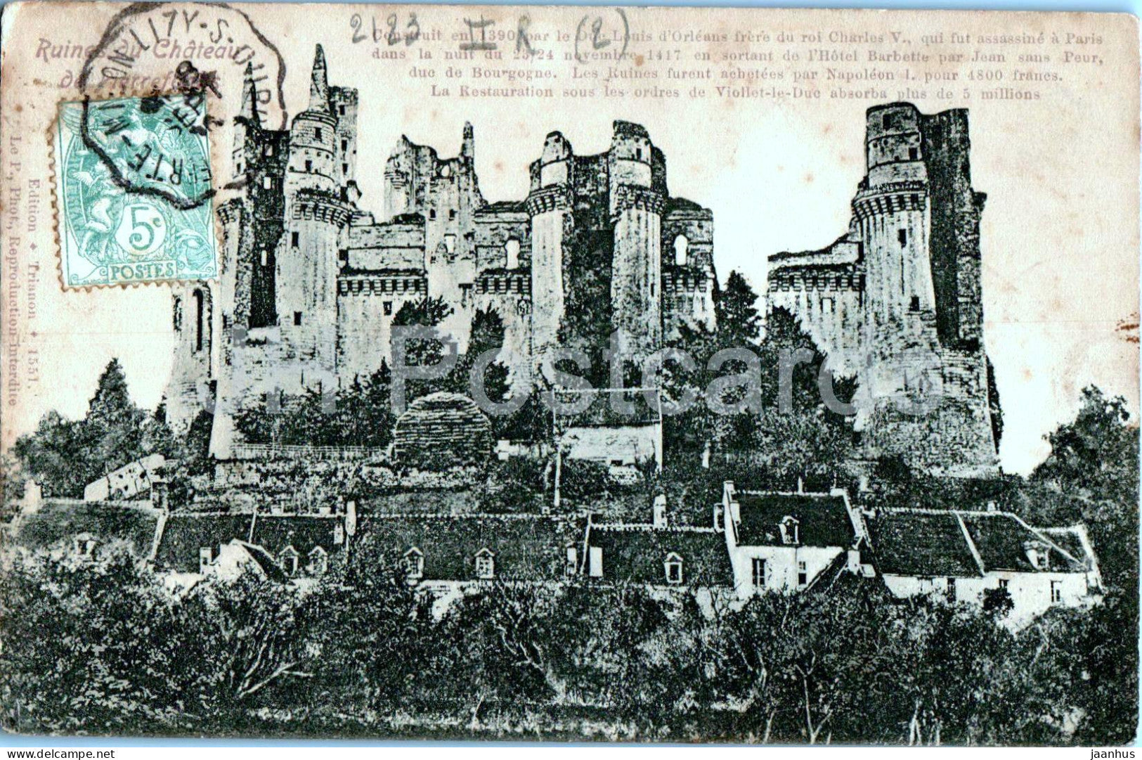 Ruines du Chateau de Pierrefonds - old postcard - France - used - JH Postcards