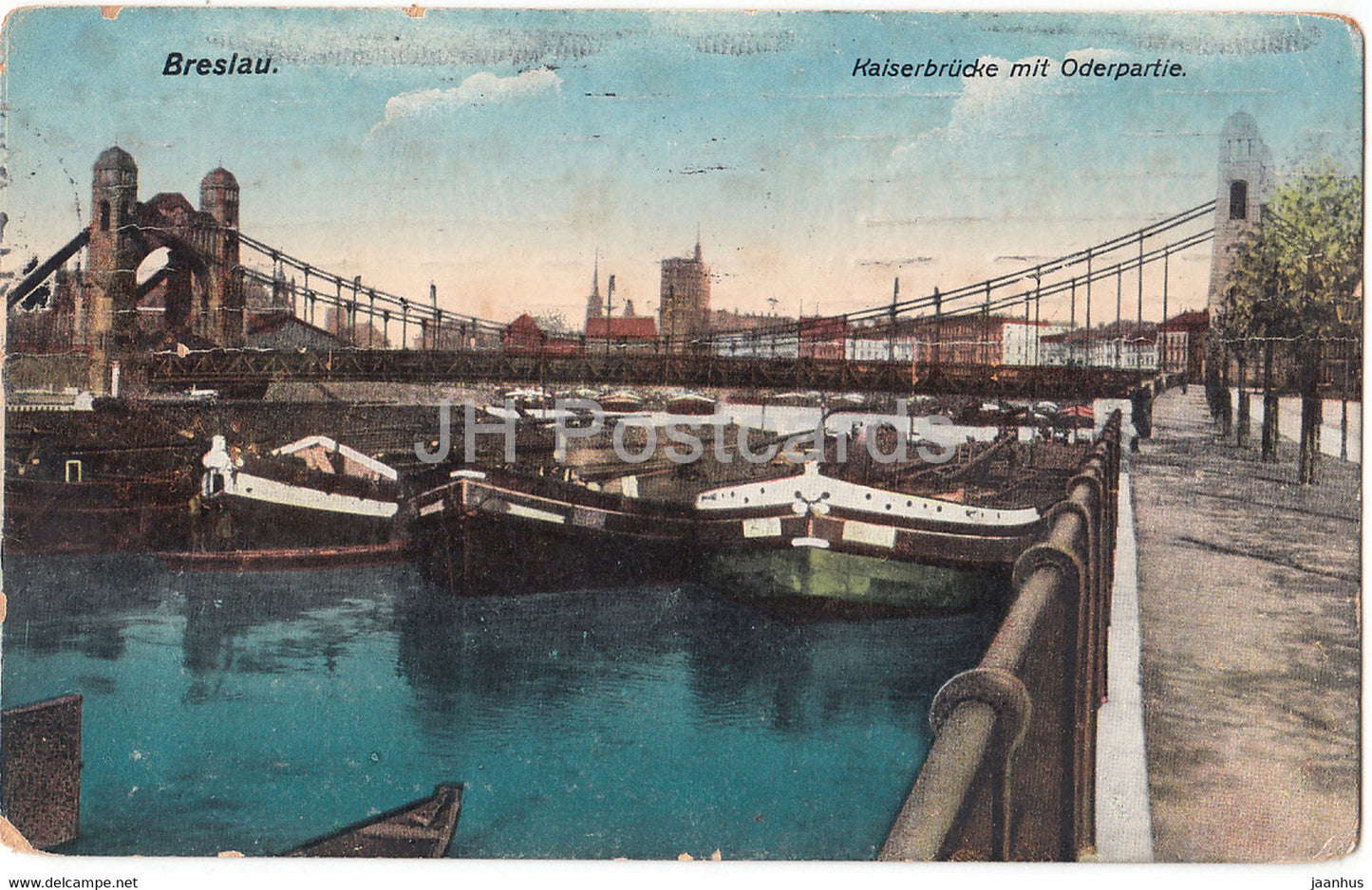 Breslau - Wroclaw - Kaiserbrucke mit Oderpartie - ship - boat - 6 - old postcard - 1917 - Poland - used - JH Postcards