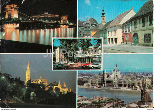 Greetings from Budapest - parliament - bridge - cathedral - architecture - multiview - 1978 - Hungary - used - JH Postcards