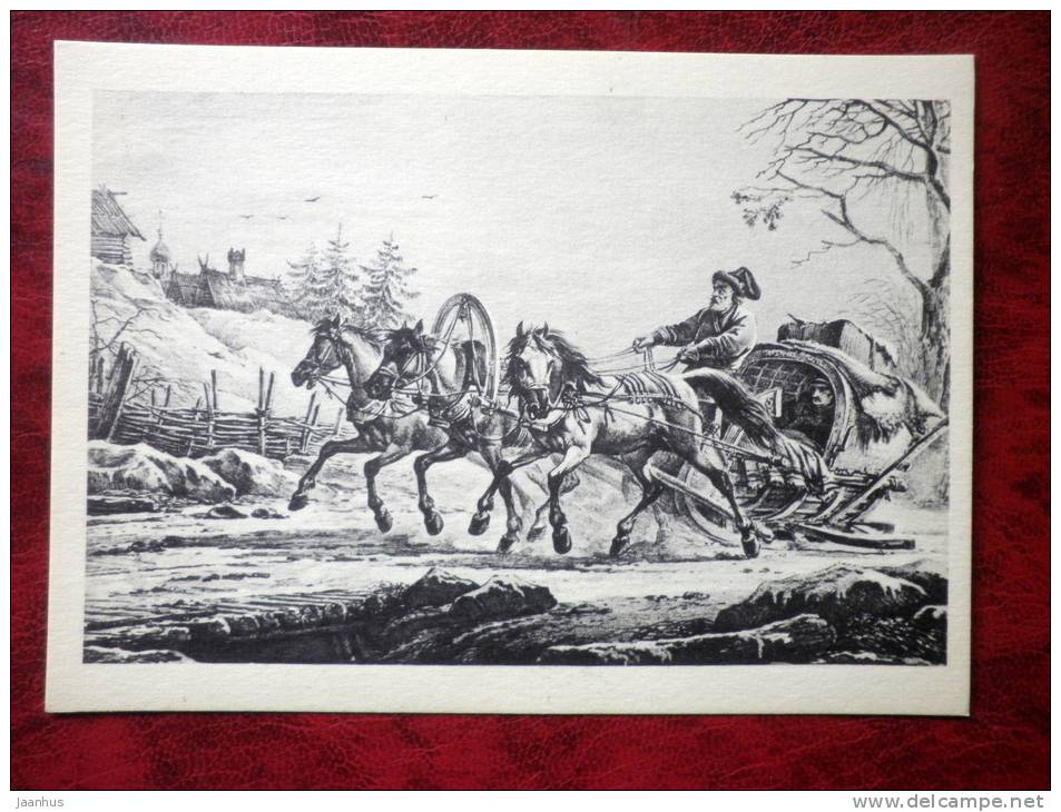lithography by A.O. Orlowski, 1819  - Postal Troika - art - postcard printed in 1959 - Russia - USSR - unused - JH Postcards
