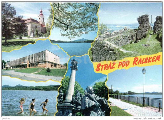 Straz pod Ralskem - St. Sigismund - Ralsko castle ruins - restaurant and cinema - stamp shell - Czech - used 2002 - JH Postcards