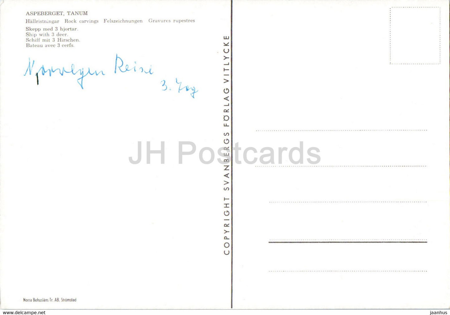 Aspeberget - Tanum - Sculptures rupestres - Navire avec 3 cerfs - monde antique - Suède - inutilisé