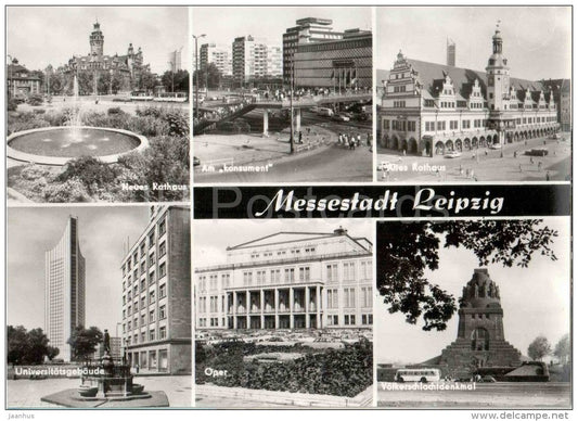 Neues Rathaus - Altes Rathaus - Oper - bus - Messestadt Leipzig - Leipzig - Germany - DDR - unused - JH Postcards