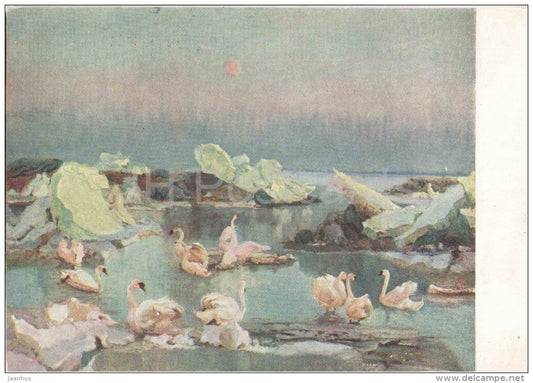 painting by E. Smirnov - Spring Festival. In the Arctic - swan - russian art - unused - JH Postcards