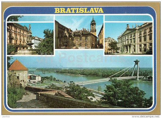 Rolandova fountain - Old Town Hall - palace - bridge - Bratislava - Czechoslovakia - Slovakia - unused - JH Postcards