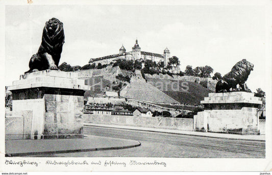 Wurzburg - Ludwigsbrucke und Festung Marienberg - lion - sculpture - bridge - old postcard - 1930s - Germany - used - JH Postcards