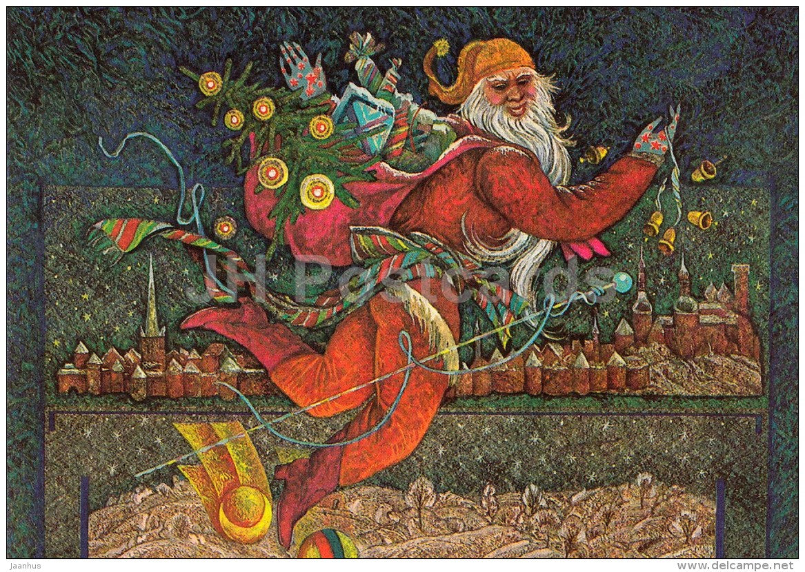 New Year Greeting card by V. Stanishevski - Santa Claus - Gifts - 1985 - Estonia USSR - used - JH Postcards