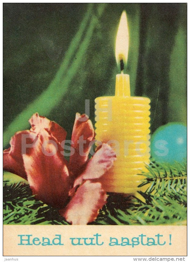 New Year Greeting card - 3 - candle - flowers - 1969 - Estonia USSR - used - JH Postcards
