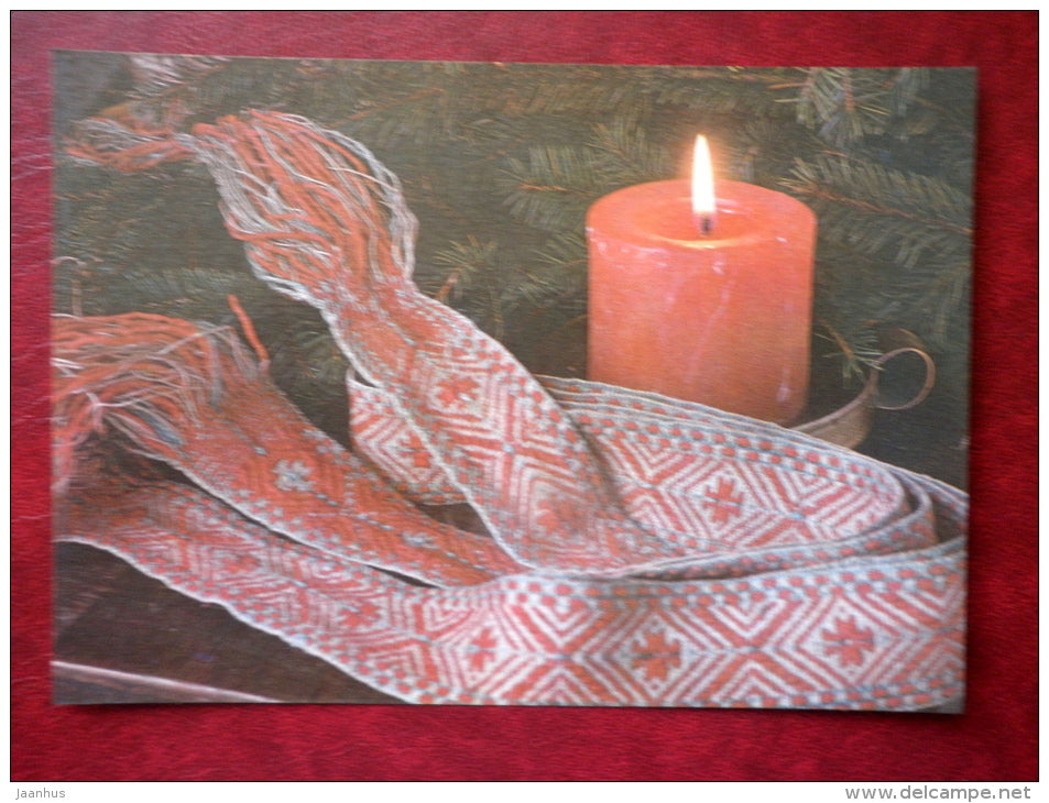 New Year Greeting card - candle - belt of folk costume - 1981 - Estonia USSR - used - JH Postcards