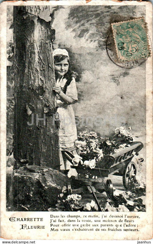 Charette Fleurie - girl - old postcard - 1906 - France - used - JH Postcards