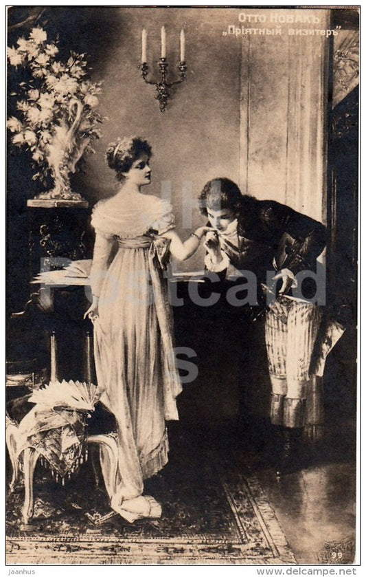 Painting by Otto Robert Nowak - Pleasant Visitor - couple - Austrian art - Tsarist Russia - used - JH Postcards