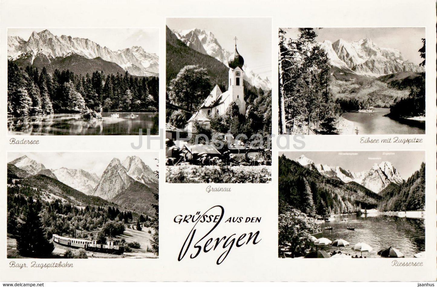 Grusse aus den Bergen - Badersee - Grainau - Eibsee - Riessersee - train - old postcard - 1956 - Germany - used - JH Postcards