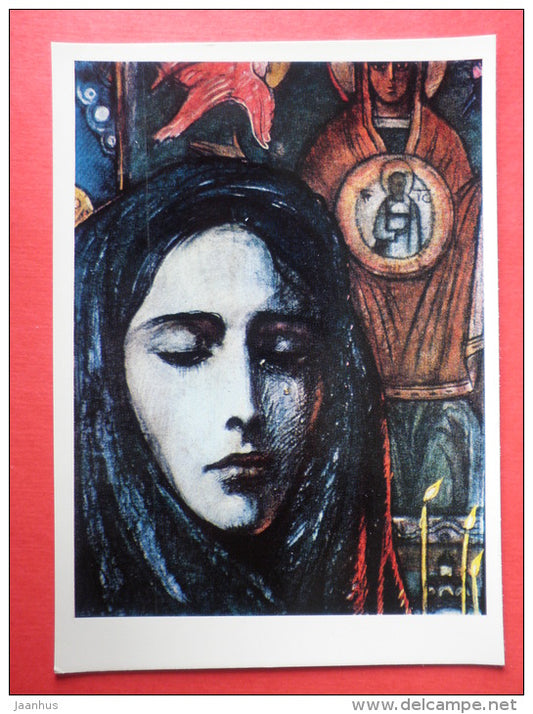 illustration by I. Glazunov - Vera in the chapel - woman - novel by I. Goncharov - 1976 - Russia USSR - unused - JH Postcards