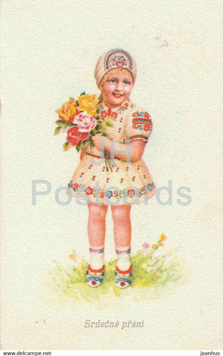 Srdecne Prani - girl - flowers - illustration - 1942 - Czech Republic - used - JH Postcards