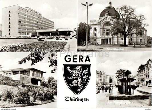 Gera - Thuringen - Interhotel Gera - Stadttheater - Terrassencafe Osterstein - Puschkin Platz - Germany DDR - used - JH Postcards