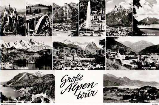 Grosse Alpentour - Oberammergau - Walchensee - Kloster Ettal - Kochelsee - old postcard - Germany - unused - JH Postcards