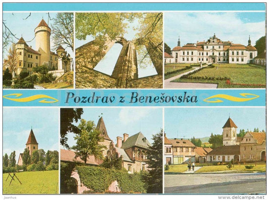 Pozdrav z  Benesovska - Konopiste castle - church Chvojen - Lisno-Bystrice castle - Czechoslovakia - Czech - unused - JH Postcards