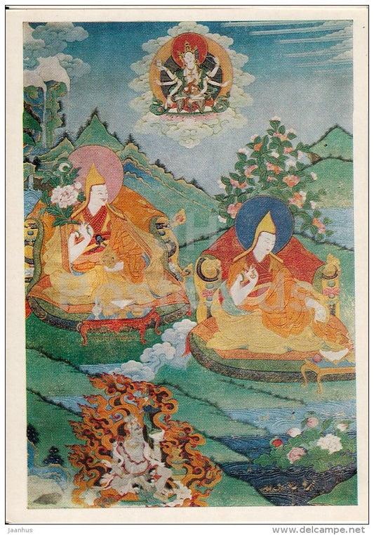 III and IV Dalai Lamas - canvas - Tibetan art - Tibet - 1986 - Russia USSR - unused - JH Postcards