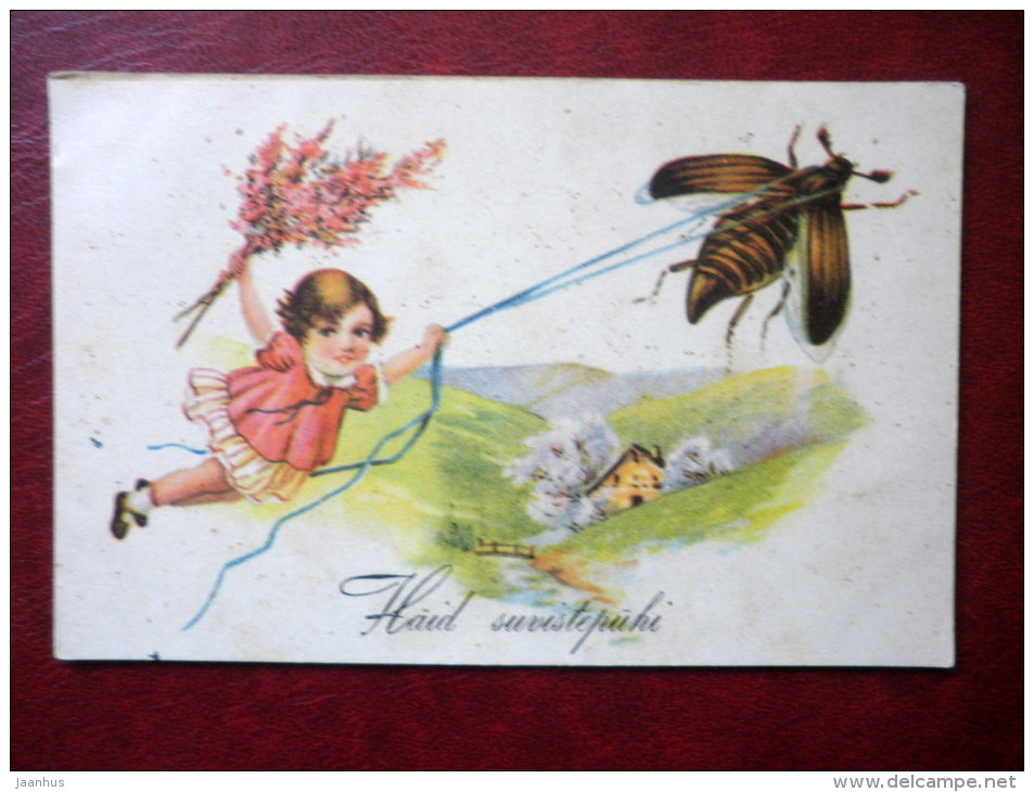 Pentecost Greeting Card - girl - beetle - WO 1235 - circulated in Estonia 1937 , Tallinn - Estonia - used - JH Postcards