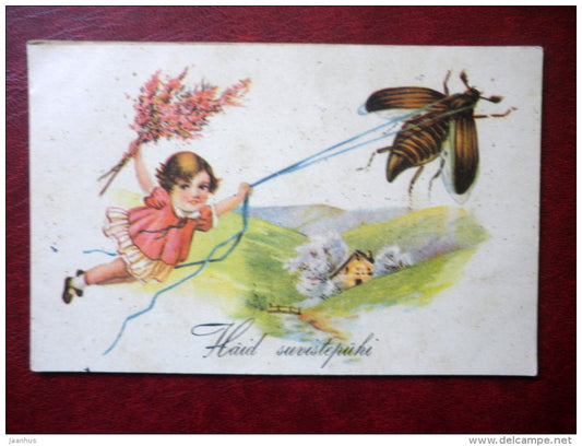 Pentecost Greeting Card - girl - beetle - WO 1235 - circulated in Estonia 1937 , Tallinn - Estonia - used - JH Postcards