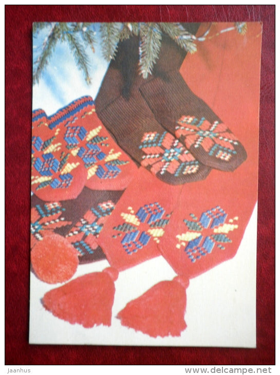 New Year Greeting card - socks - mittens - scarf - 1981 - Estonia USSR - used - JH Postcards