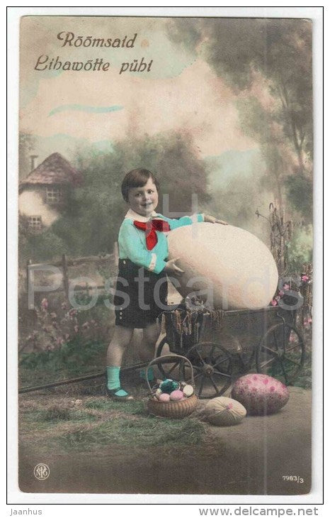 Easter Greeting Card - boy - eggs - carriage - NPG 7983/3 - old postcard - circulated in Estonia - JH Postcards