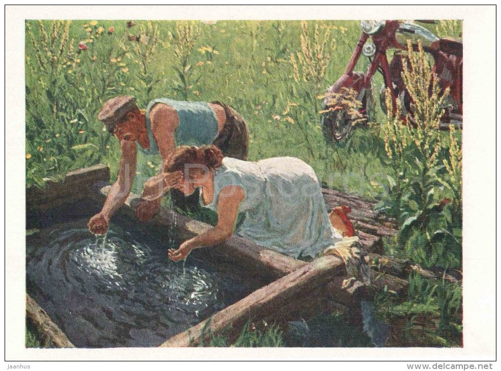 painting by A. Plastov - Midday , 1961 - motorbike - russian art - unused - JH Postcards