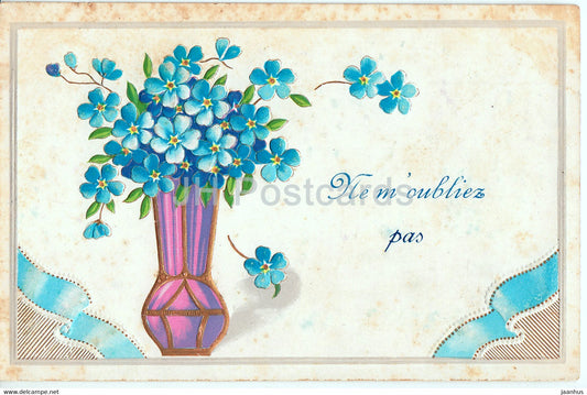 blue flowers in a vase - Ne m'oubliez pas - illustration - old postcard - France - 1909 - used - JH Postcards