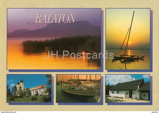 Greetings from Balaton - church - sailing boat - multiview - 1996 - Hungary - used - JH Postcards