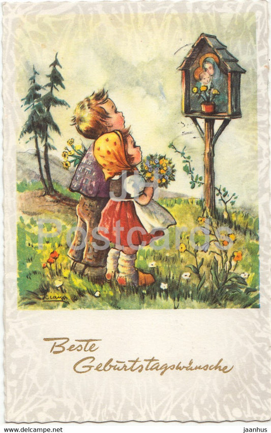 Birthday Greeting Card - Beste Geburtstagswunsche - boy and girl - illustration - old postcard - Austria - used - JH Postcards