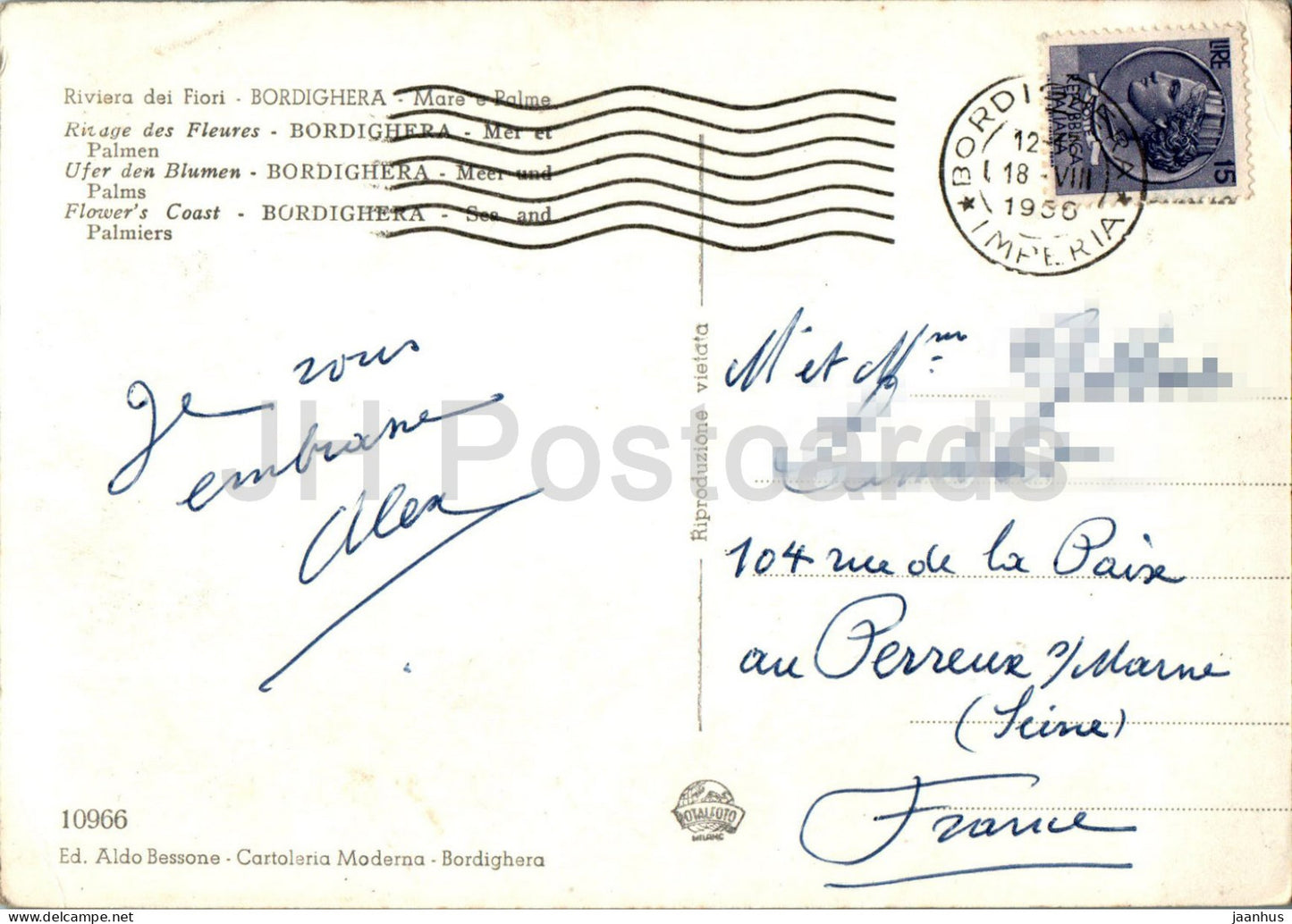 Riviera dei Fiori – Bordighera – Mare e Palme – Meer und Palmen – 10966 – alte Postkarte – 1956 – Italien – gebraucht 