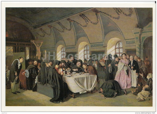 painting by V. Perov - The Monastery Refectory , 1876 - Russian art - large format card - 1990 - Russia USSR - unused - JH Postcards