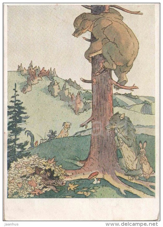 Dog and Wolf - bear - hare - Russian Fairy Tale , Folktale - 1955 - Russia USSR - unused - JH Postcards