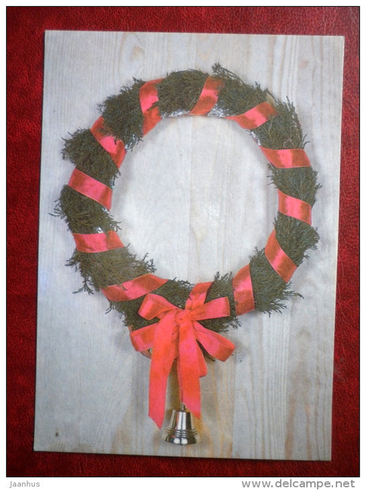 Christmas Greeting card - Christmas wreath - bells - 1990 - Estonia USSR - used - JH Postcards