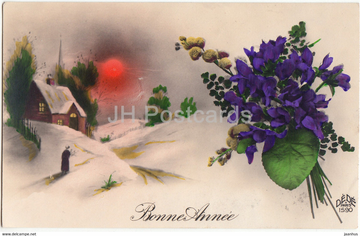 New Year Greeting Card - Bonne Annee - flowers - Church - Dede Paris 1590 - old postcard - 1929 - France - used - JH Postcards
