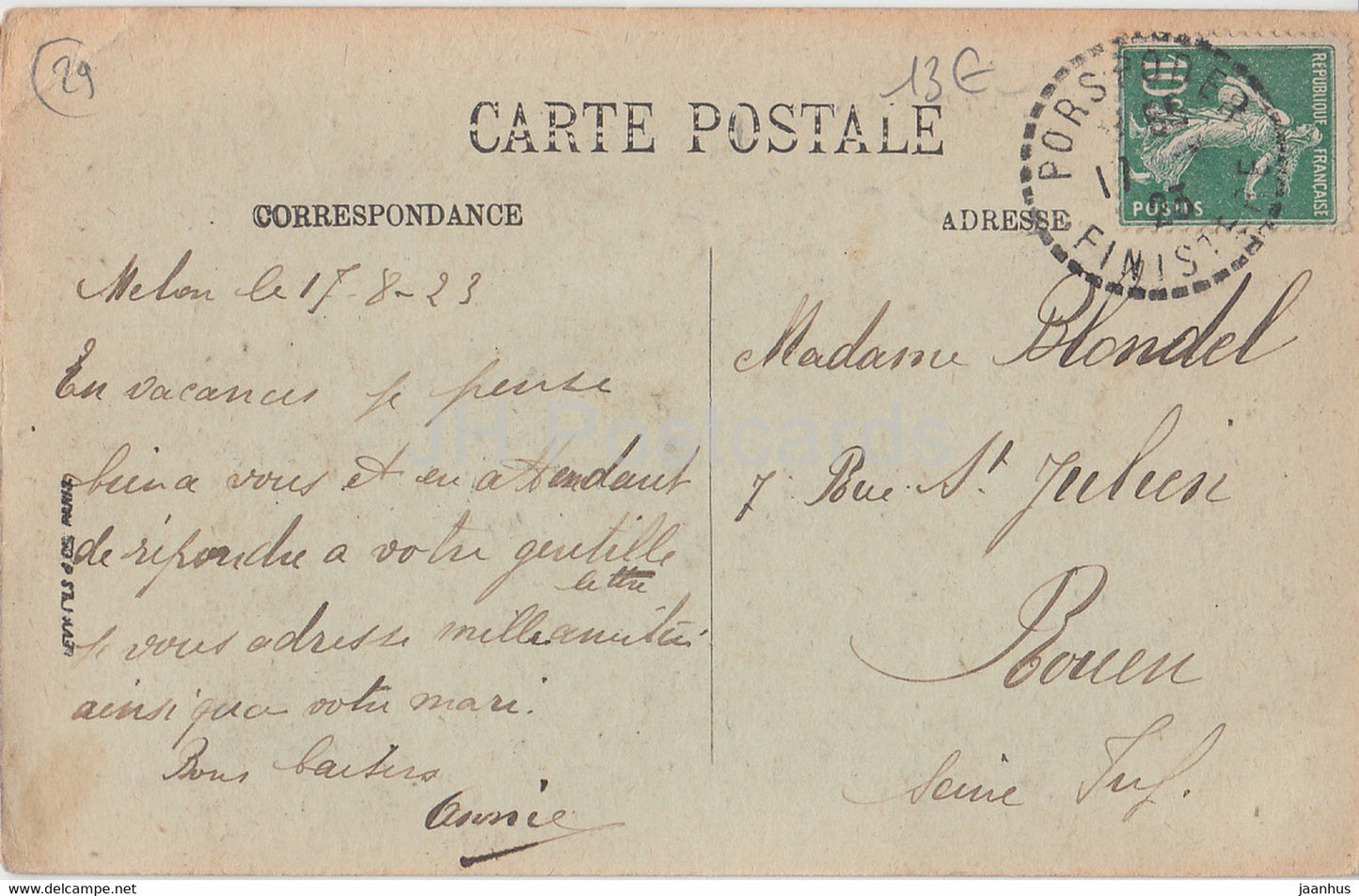 Ile Melon - Le Menhir et les Alignements - LP Brest - old postcard - 1923 - France - used
