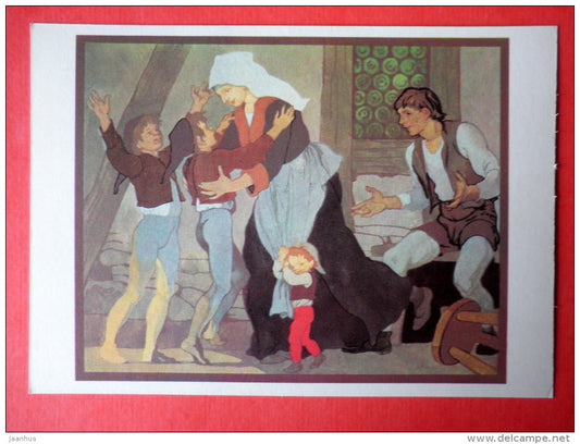 illustration by B. Dehterev - Meeting with the parents - Little Tom Thumb by C. Perrault - 1979 - Russia USSR - unused - JH Postcards