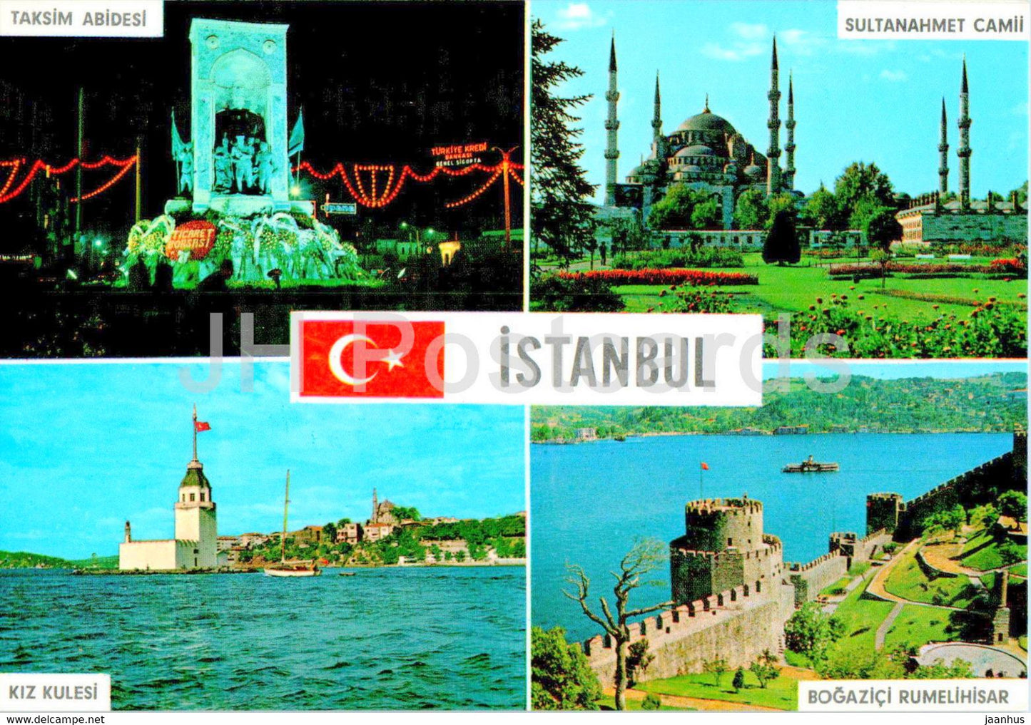Greetings from Istanbul - Taksim Abidesi - Kiz Kulesi - Sultanahmet Camii - multiview - 34/80 - Turkey - unused - JH Postcards