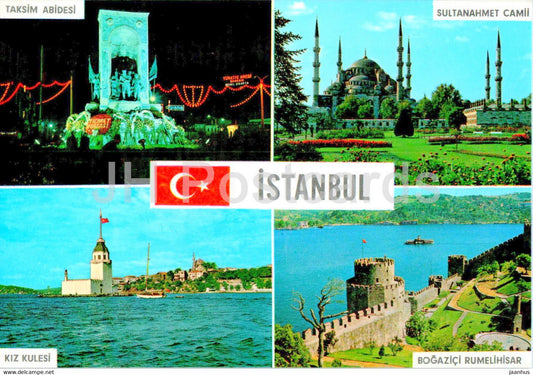 Greetings from Istanbul - Taksim Abidesi - Kiz Kulesi - Sultanahmet Camii - multiview - 34/80 - Turkey - unused - JH Postcards