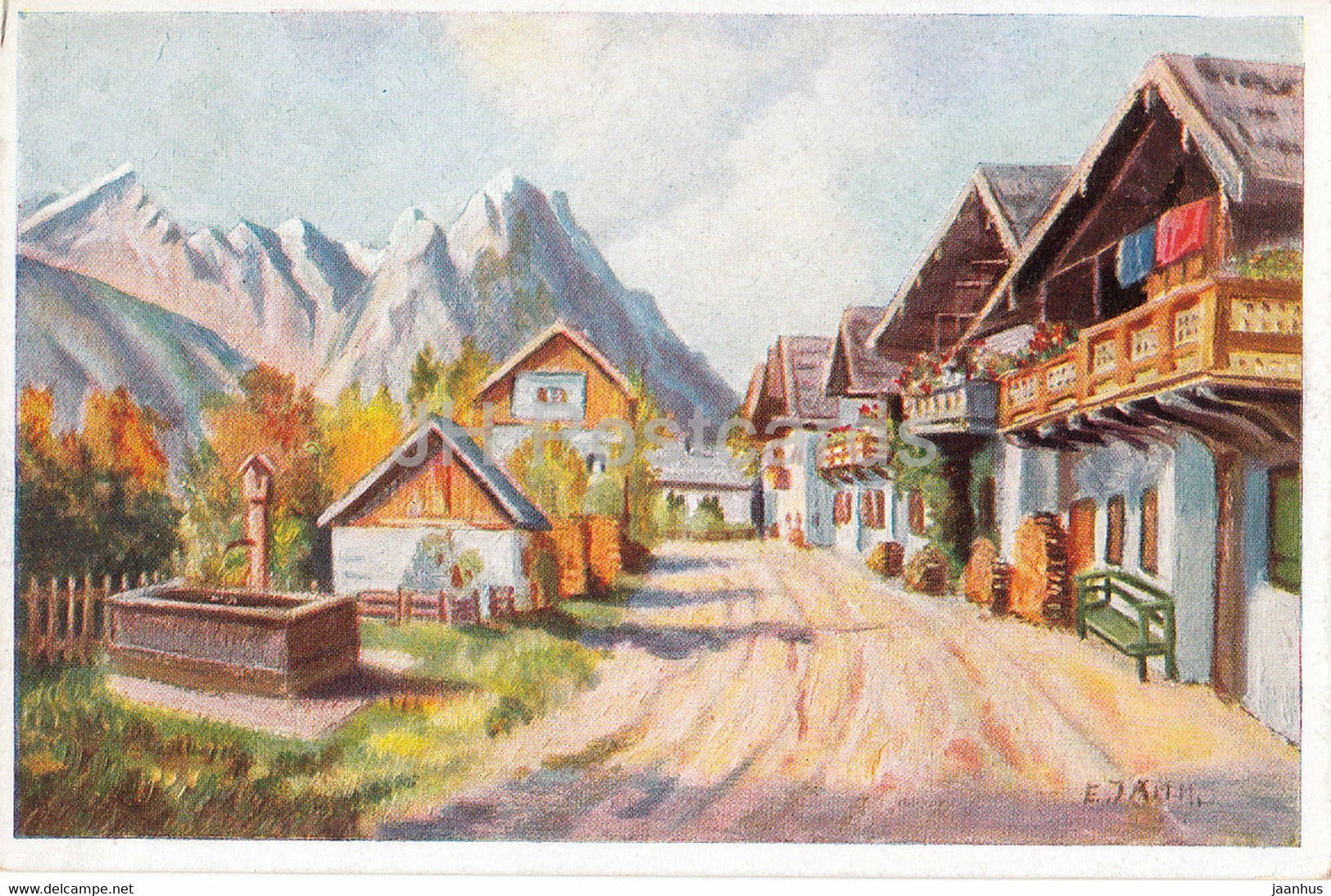 painting by F. Jahn - Fruhlingsstrasse in Garmisch - German art - 51476 - old postcard - Germany - unused - JH Postcards
