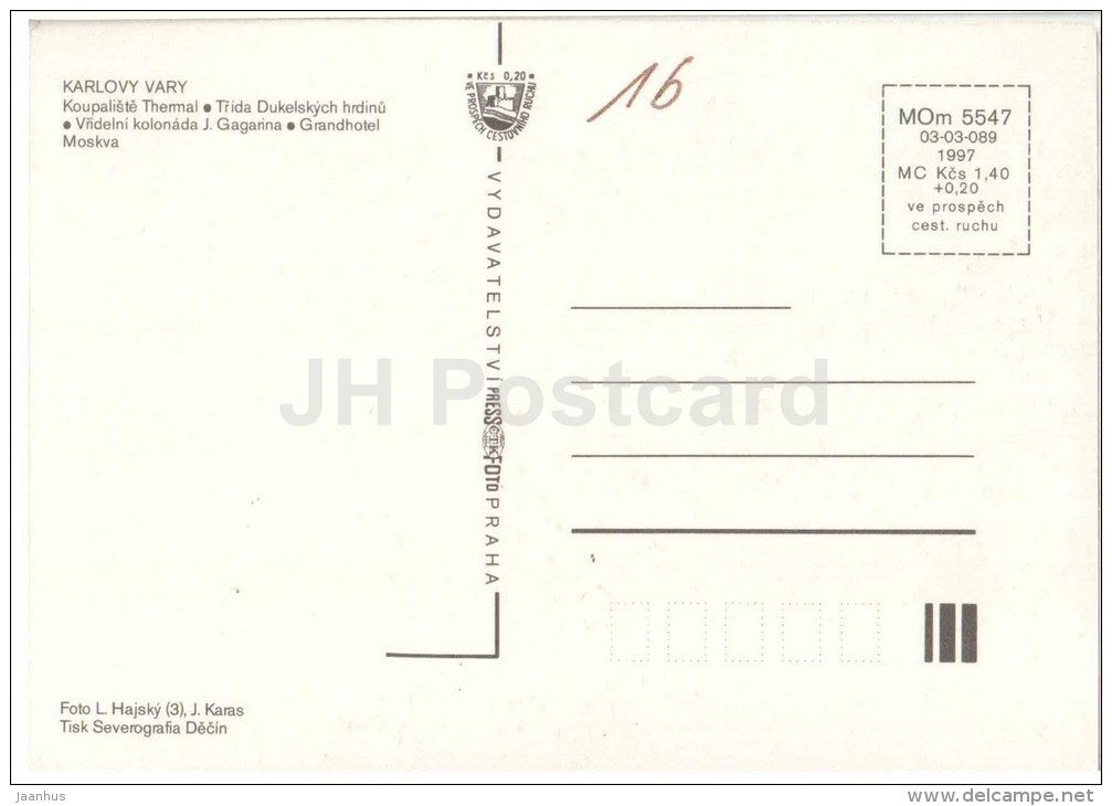 Karlovy Vary - Karlsbad - spa - Thermal - Gagarin colonnade - grandhotel Moskva - Czechoslovakia - Czech - unused - JH Postcards