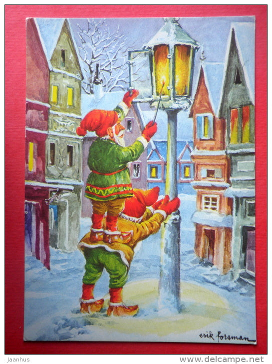 Christmas Greeting Card by Erik Forsman - lantern - dwarfs - boys playing - 3467/5 - Finland - sent from Finland in 1981 - JH Postcards