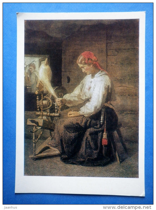 painting by J. Köler - Spinner , 1863 - spinning wheel - folk costume - estonian art - unused - JH Postcards