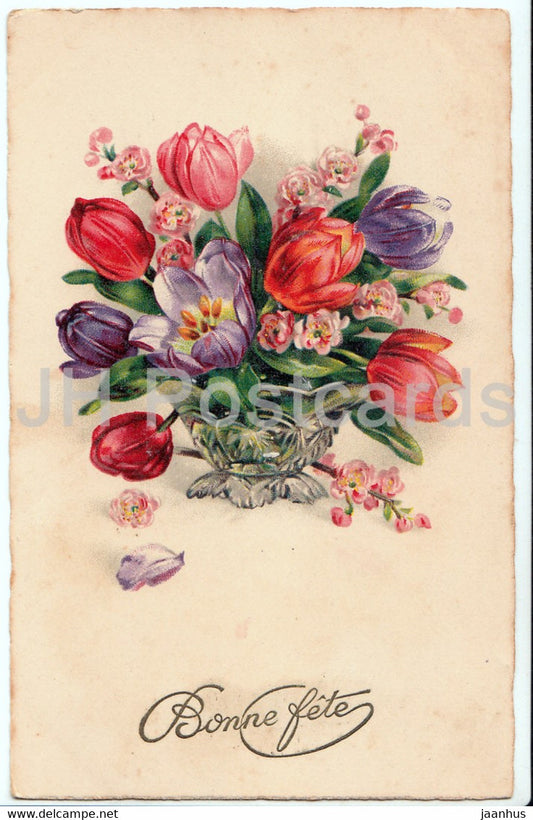 Birthday Greeting Card - Bonne Fete - flowers - tulips - 3974 - illustration - old postcard - France - used - JH Postcards