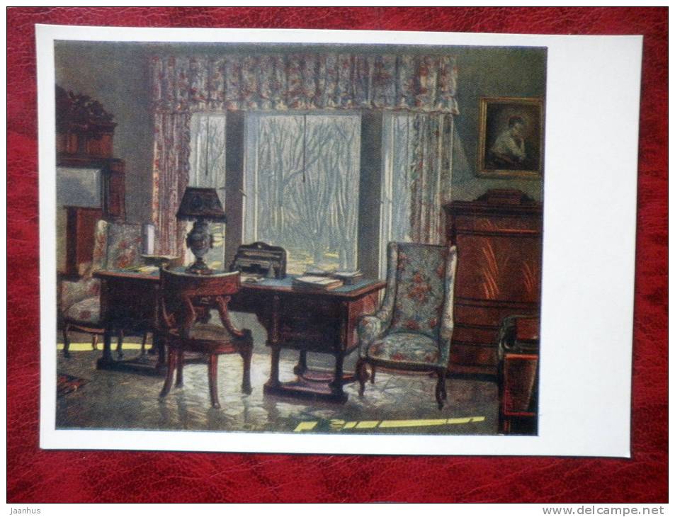 Engraving by I. A. Sokolov - The Cabinet of Lenin in Gorki , 1953 - russian art - unused - JH Postcards